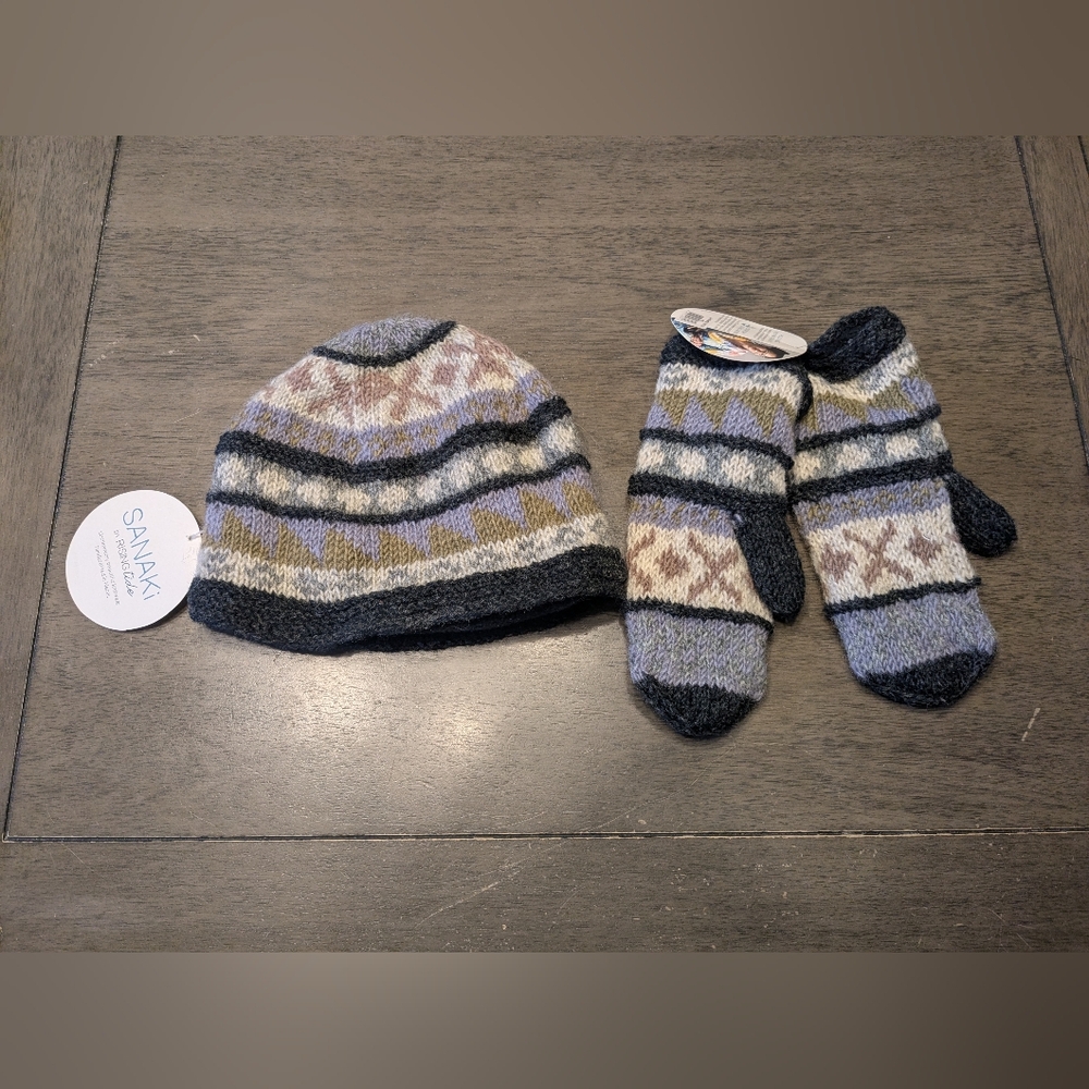 Rising Tide Kids Knit Hat & Mittens - Blue, Gray, Cream